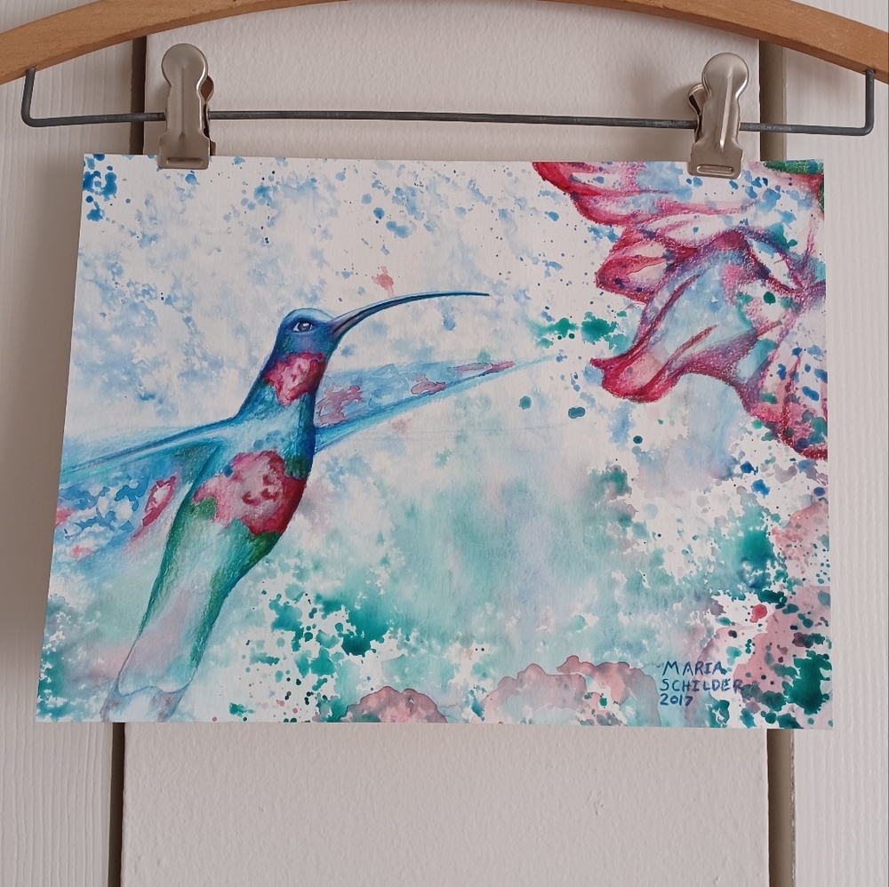 ORIGINAL ART Hummingbird And Flower In Watercolor And Colored Pencil, Home Decor